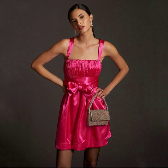 Maeve Bow-Tie Satin Mini Dress Hot Pink US 14 - Picture 3 of 13